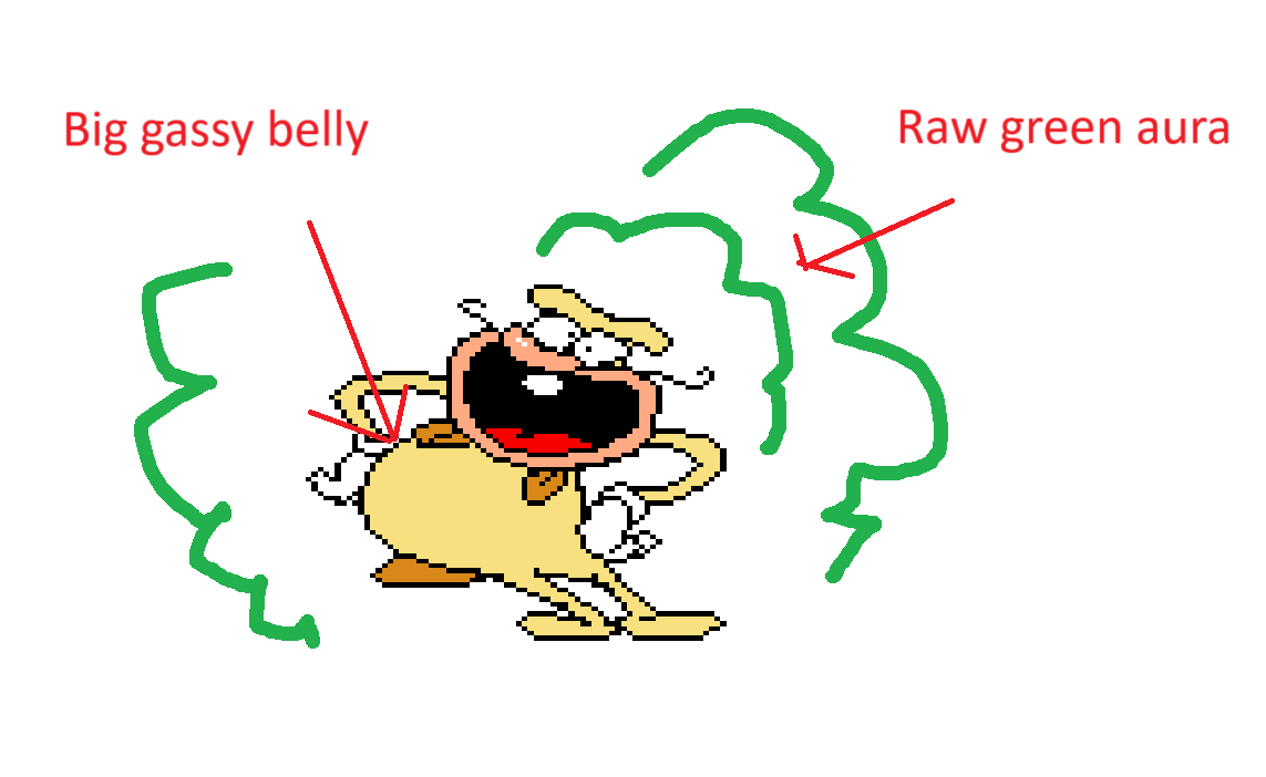 An image made in Microsoft Paint of one of the Noise's breakdance sprite (specifically the one where his stomach is emphasized while he sways in a circle) surrounded by crudely drawn green stink lines. There are also two red arrows accompanied by text. The first arrow points to the Noise's belly and is captioned, 'big gassy belly' and the other one points to the stink lines and says 'Raw green aura.'